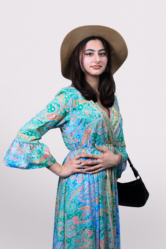 Long V Neck Dress With Frill Sleeves Blue