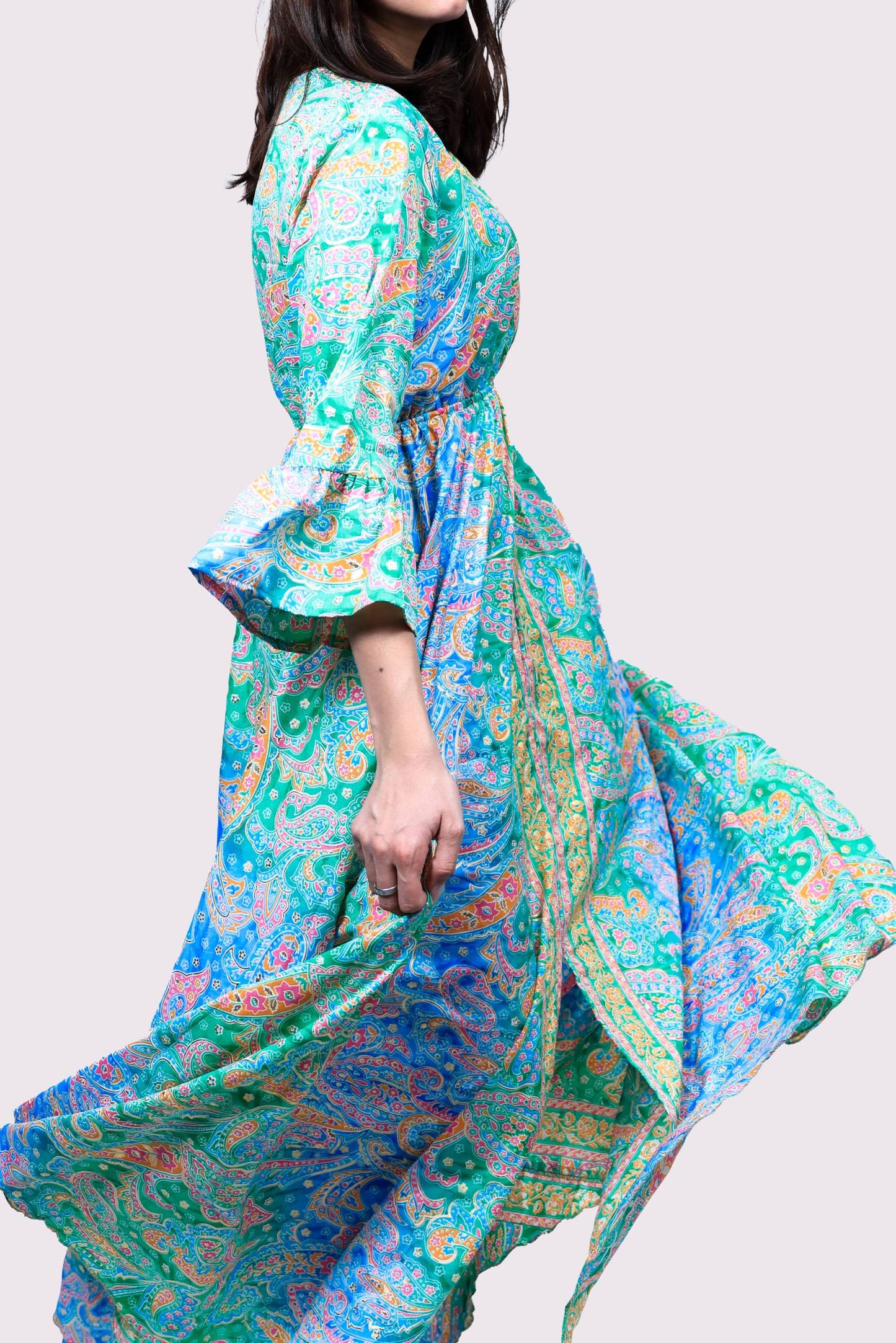 Long V Neck Dress With Frill Sleeves Blue