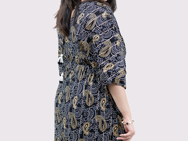 Golden Paisley Kaftan Sleeve Dress
