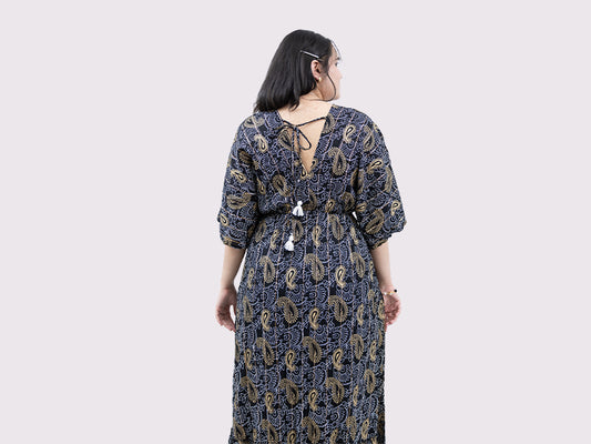 Golden Paisley Kaftan Sleeve Dress