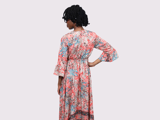 Long V Neck Dress With Frill Sleeves Red