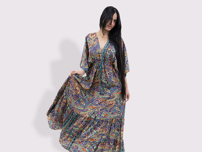Sunset Paisley Kaftan Sleeve Dress