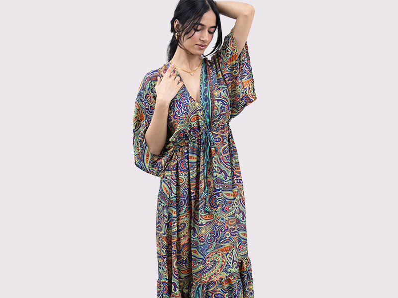 Sunset Paisley Kaftan Sleeve Dress