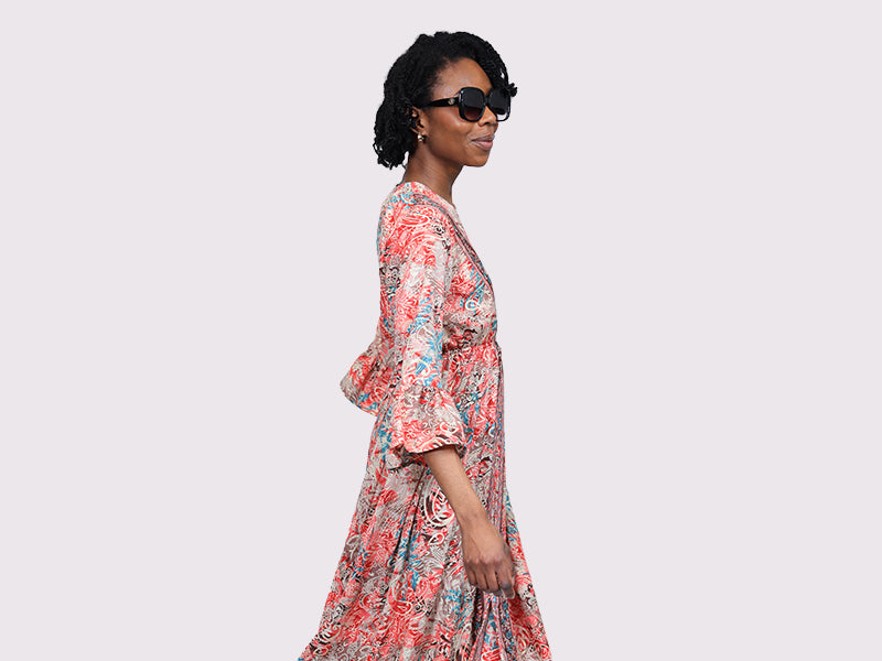 Long V Neck Dress With Frill Sleeves Red