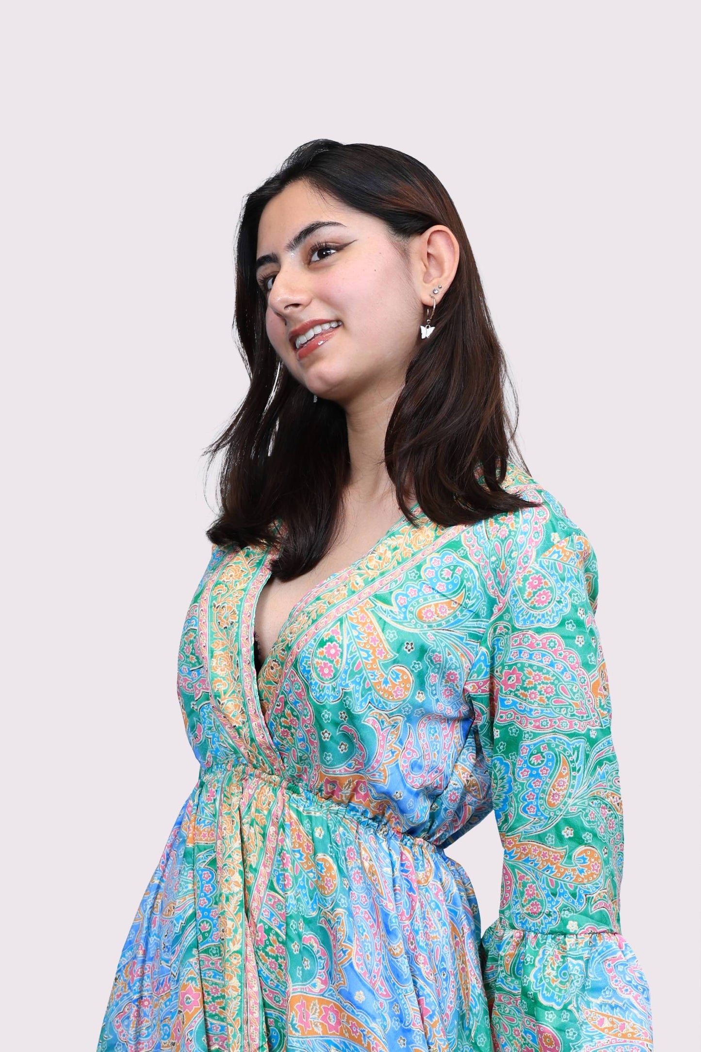 Long V Neck Dress With Frill Sleeves Blue