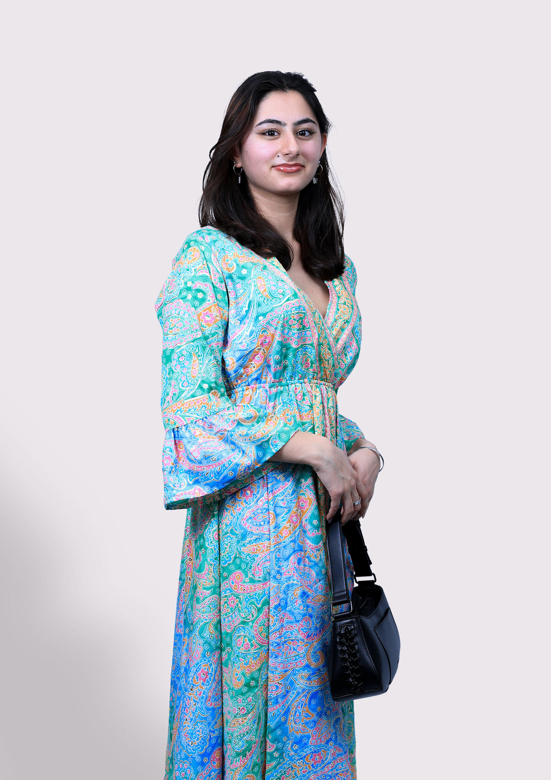 Long V Neck Dress With Frill Sleeves Blue