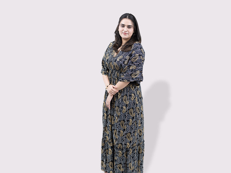 Golden Paisley Kaftan Sleeve Dress