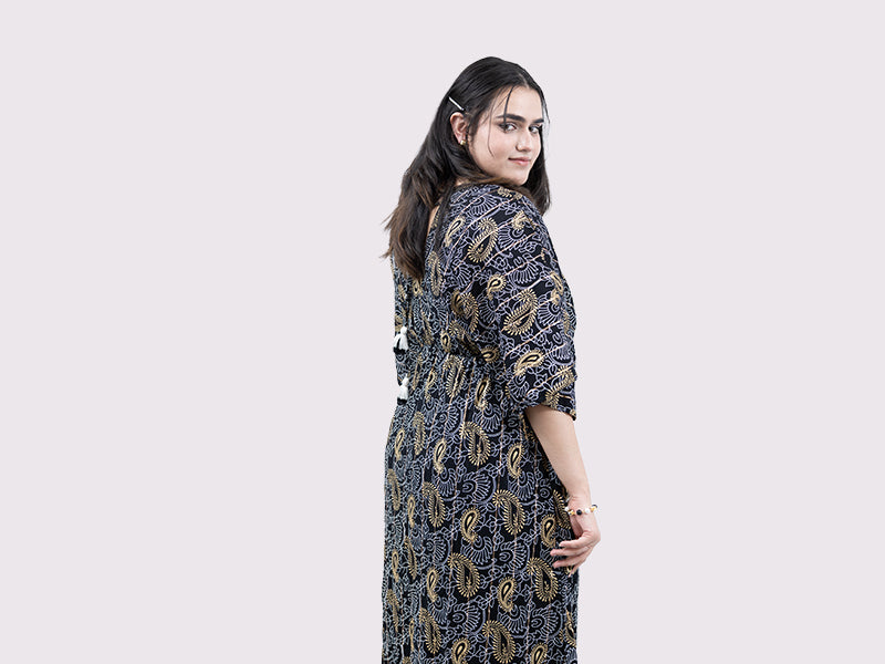 Golden Paisley Kaftan Sleeve Dress