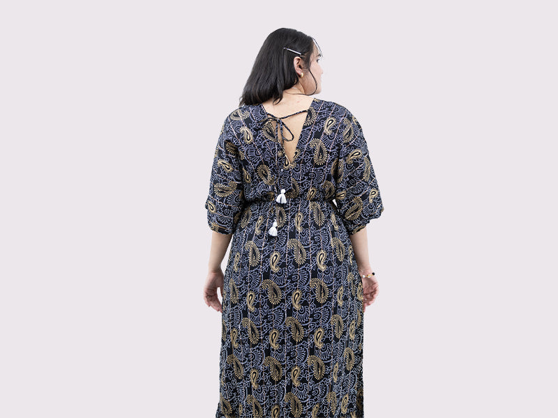 Golden Paisley Kaftan Sleeve Dress