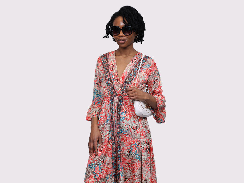 Long V Neck Dress With Frill Sleeves Red
