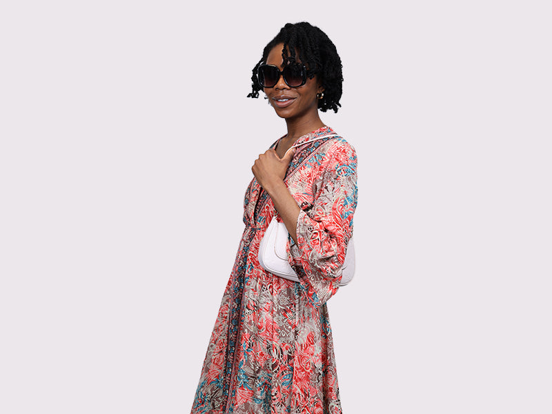 Long V Neck Dress With Frill Sleeves Red