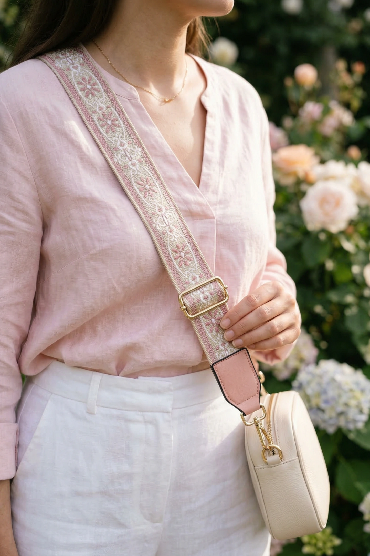 Rosé Garden Embroidered Bag Strap